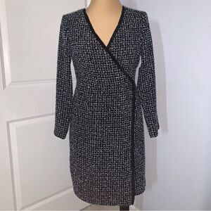 Donna Karan NWT Tweed Faux Wrap Black and Blue Midi Dress